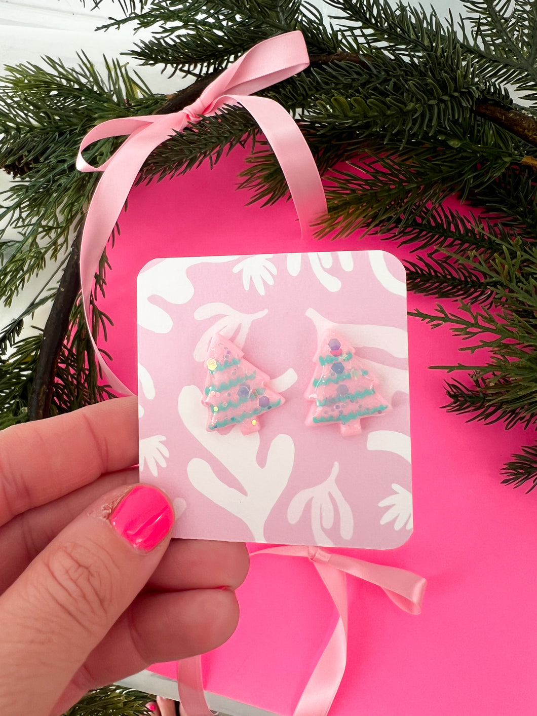 Pink glitter christmas tree studs