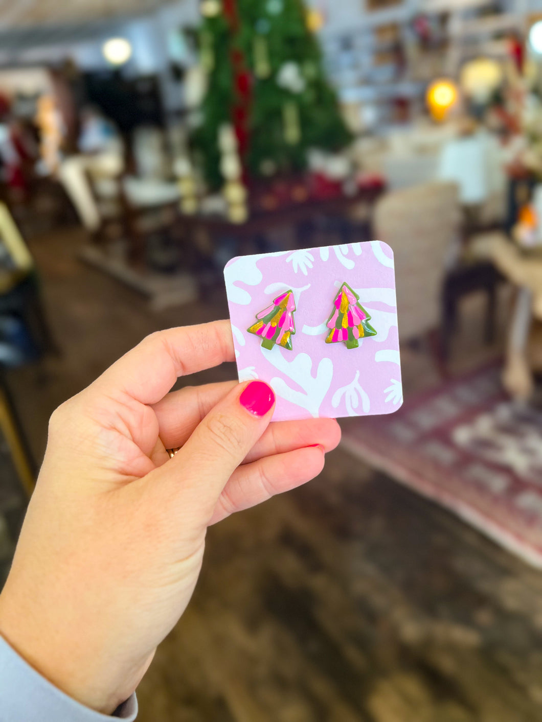 Green and pink christmas tree studs