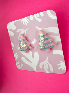 Pink glitter christmas tree studs