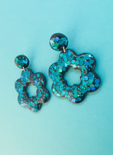 Load image into Gallery viewer, Teal Glitter Floral Dangles