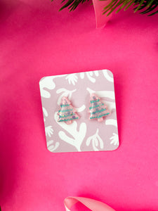 Pink glitter christmas tree studs